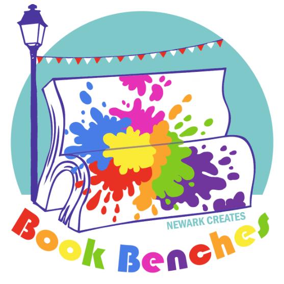 Book Benches graphic, with a cartoon of a colourful paint-splattered bench.