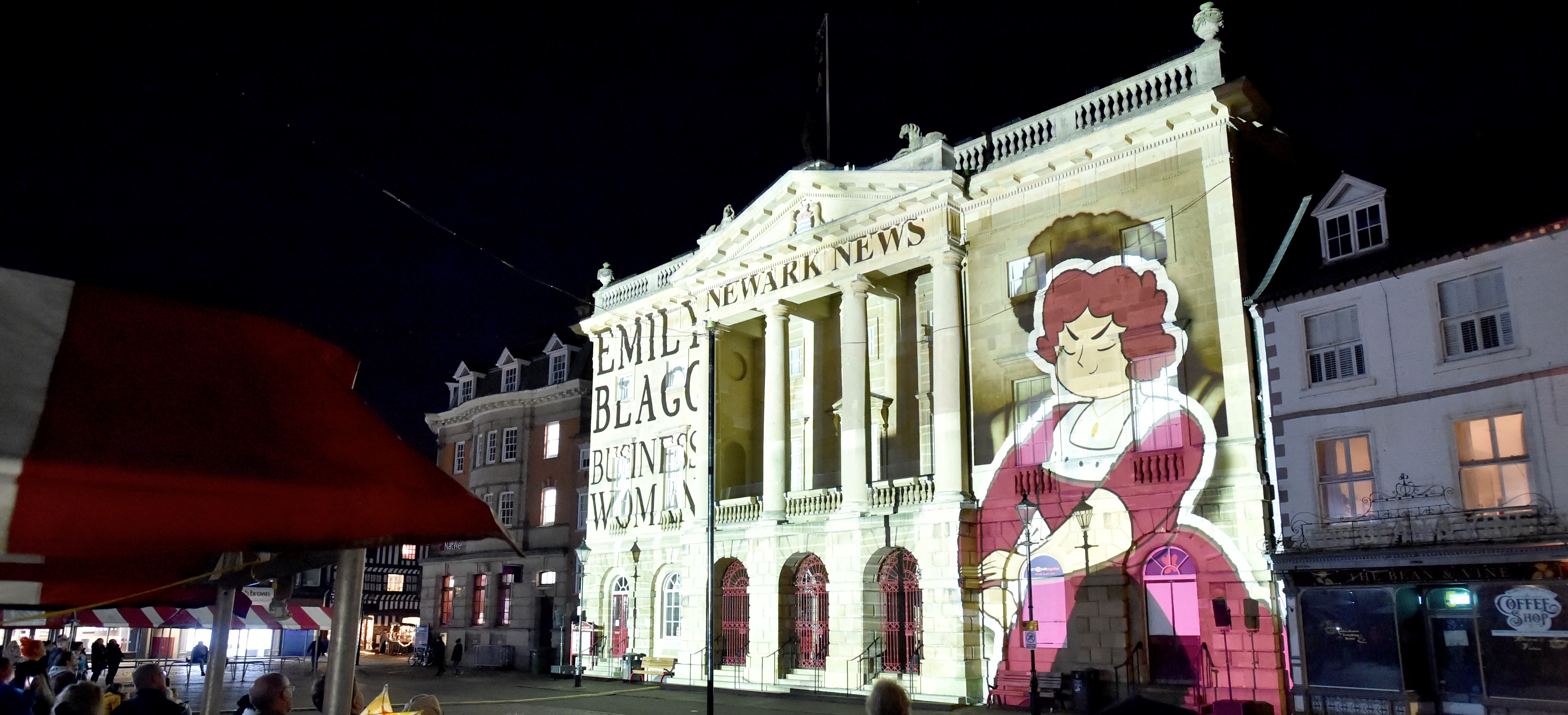 Image of Newark Town Hall lit up with art